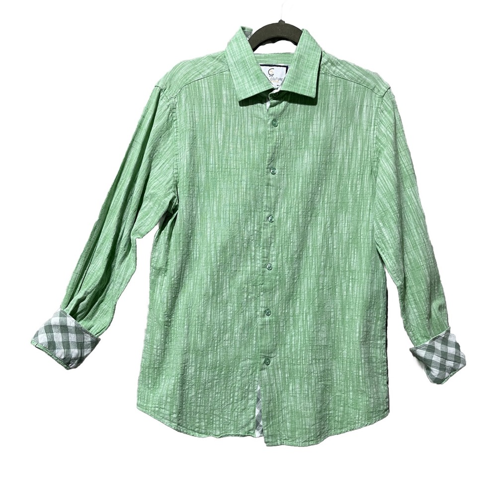 Suslo Couture Shirt Mens Large Green Linen‎ Blend Modern Casual Flip Cuff